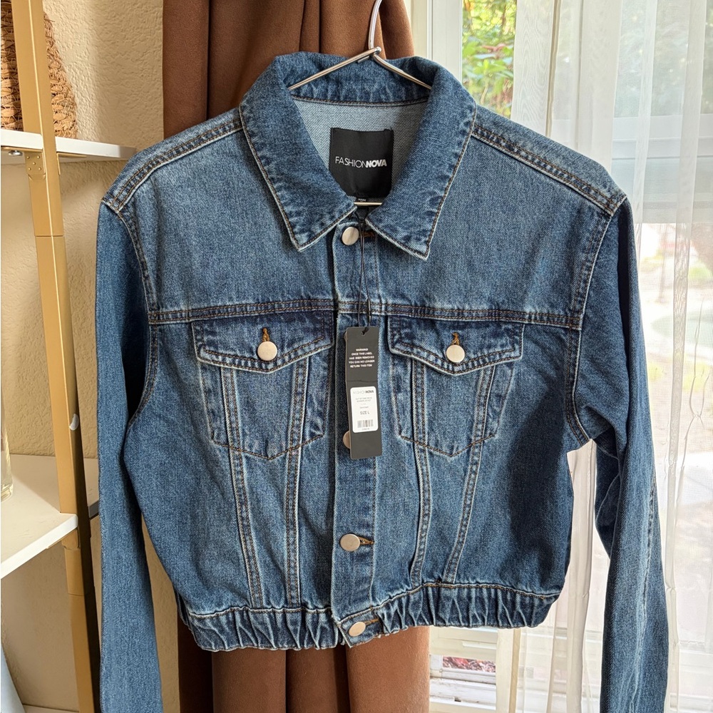 Fashion Nova Dark Blue Cropped Denim Jacket